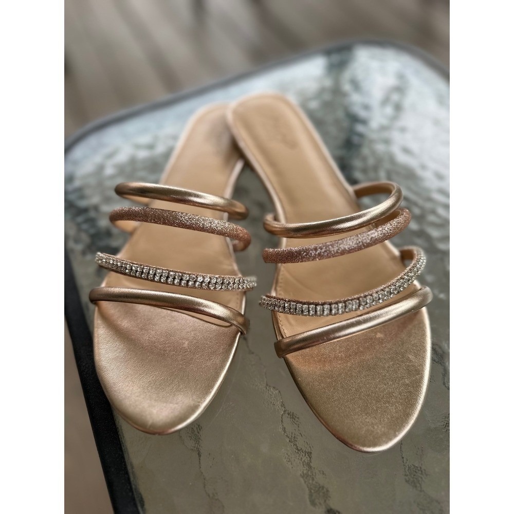 Jewel Badgley Mischka Sandals‎ Rhinestone Straps Slides Sparkle Gold 9.5